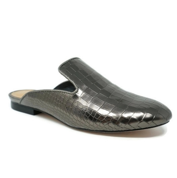 SCHUTZ Shoes - Schutz Avamel Croc Embossed Leather Slip-on Mules Metallic